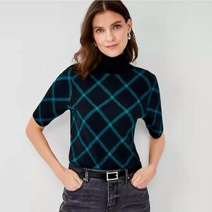 Ann Taylor Plaid Turtleneck Elbow Sleeve Sweater